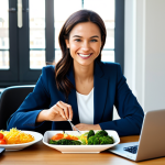 A professional businesswoman, fully clothed in a modest business suit, is sitting at a clean, modern desk in a sunlit home office, gently smiling as she enjoys a healthy diet bento. The bento box is open, showcasing a balanced and appealing meal with lean protein and colorful, fresh vegetables. The overall scene conveys a calm, productive, and healthy lifestyle. safe for work, appropriate content, fully clothed, professional, perfect anatomy, correct proportions, natural pose, well-formed hands, proper finger count, natural body proportions, professional photography, high quality.