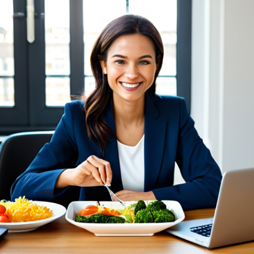 A professional businesswoman, fully clothed in a modest business suit, is sitting at a clean, modern desk in a sunlit home office, gently smiling as she enjoys a healthy diet bento. The bento box is open, showcasing a balanced and appealing meal with lean protein and colorful, fresh vegetables. The overall scene conveys a calm, productive, and healthy lifestyle. safe for work, appropriate content, fully clothed, professional, perfect anatomy, correct proportions, natural pose, well-formed hands, proper finger count, natural body proportions, professional photography, high quality.