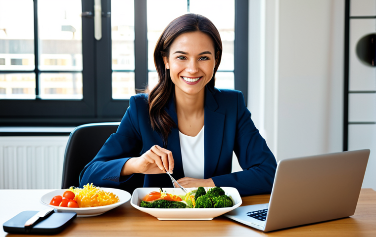 A professional businesswoman, fully clothed in a modest business suit, is sitting at a clean, modern desk in a sunlit home office, gently smiling as she enjoys a healthy diet bento. The bento box is open, showcasing a balanced and appealing meal with lean protein and colorful, fresh vegetables. The overall scene conveys a calm, productive, and healthy lifestyle. safe for work, appropriate content, fully clothed, professional, perfect anatomy, correct proportions, natural pose, well-formed hands, proper finger count, natural body proportions, professional photography, high quality.