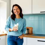 **

A cheerful woman in her 30s, wearing comfortable, everyday clothes (jeans and a sweater), holding a glass of vitamin D-fortified milk in a bright, sunny kitchen. The kitchen has modern appliances and a window showing a blue sky. She's smiling genuinely. safe for work, appropriate content, fully clothed, modest clothing, natural proportions, perfect anatomy, family-friendly.

**