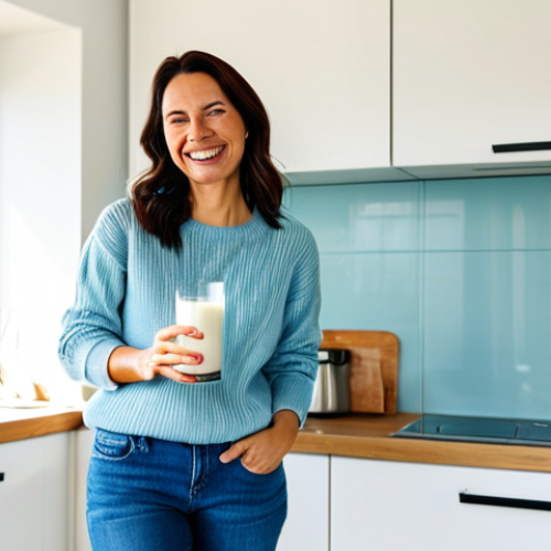 **

A cheerful woman in her 30s, wearing comfortable, everyday clothes (jeans and a sweater), holding a glass of vitamin D-fortified milk in a bright, sunny kitchen. The kitchen has modern appliances and a window showing a blue sky. She's smiling genuinely. safe for work, appropriate content, fully clothed, modest clothing, natural proportions, perfect anatomy, family-friendly.

**