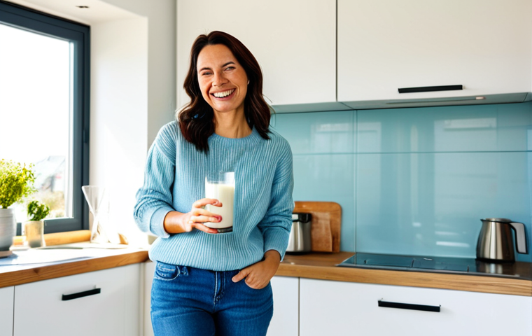 **

A cheerful woman in her 30s, wearing comfortable, everyday clothes (jeans and a sweater), holding a glass of vitamin D-fortified milk in a bright, sunny kitchen. The kitchen has modern appliances and a window showing a blue sky. She's smiling genuinely. safe for work, appropriate content, fully clothed, modest clothing, natural proportions, perfect anatomy, family-friendly.

**
