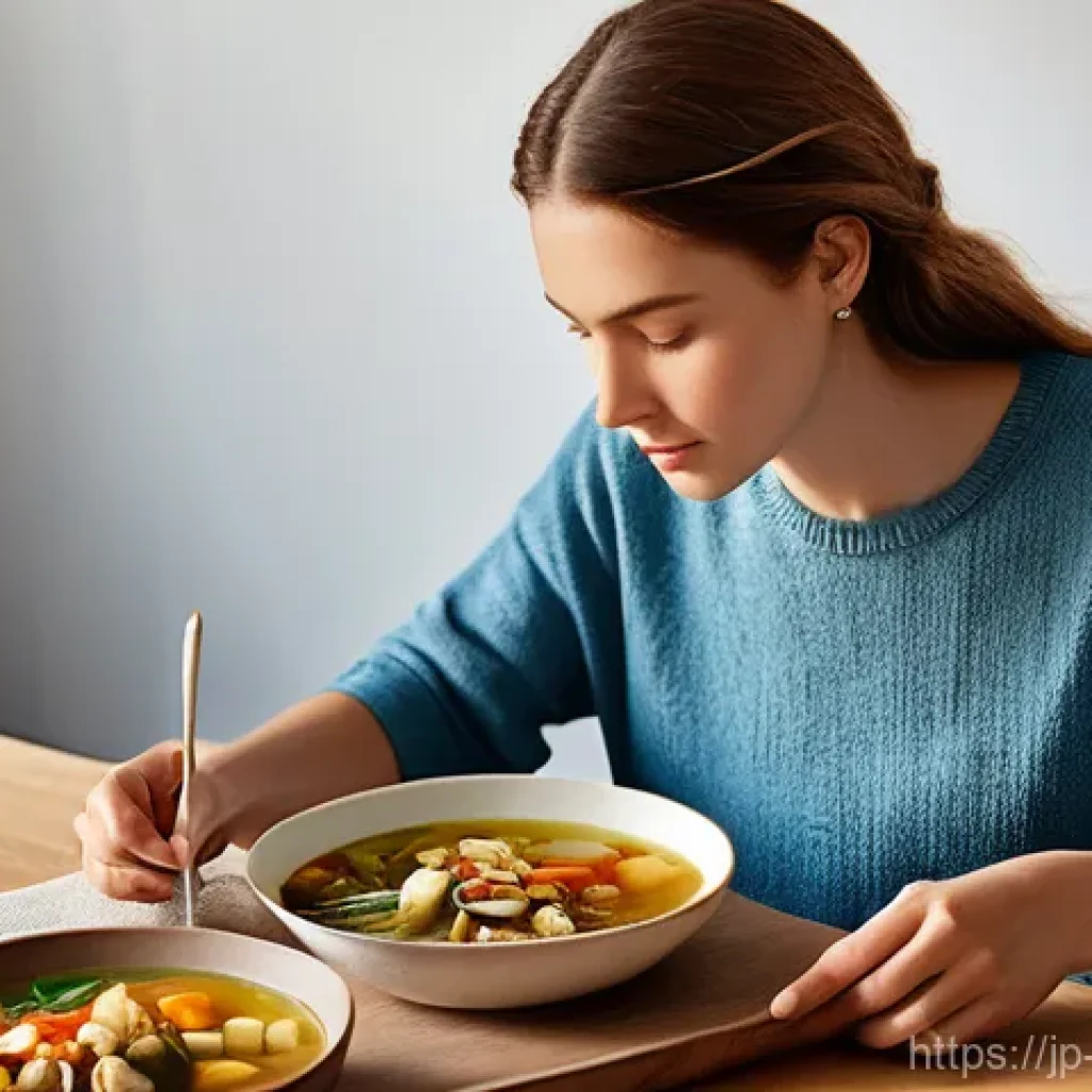 피부 염증 완화에 좋은 음식 - **Diet Panel:** The woman is seated at a simple, clean table, enjoying a steaming bowl of homemade v...