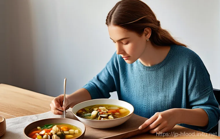 피부 염증 완화에 좋은 음식 - **Diet Panel:** The woman is seated at a simple, clean table, enjoying a steaming bowl of homemade v...