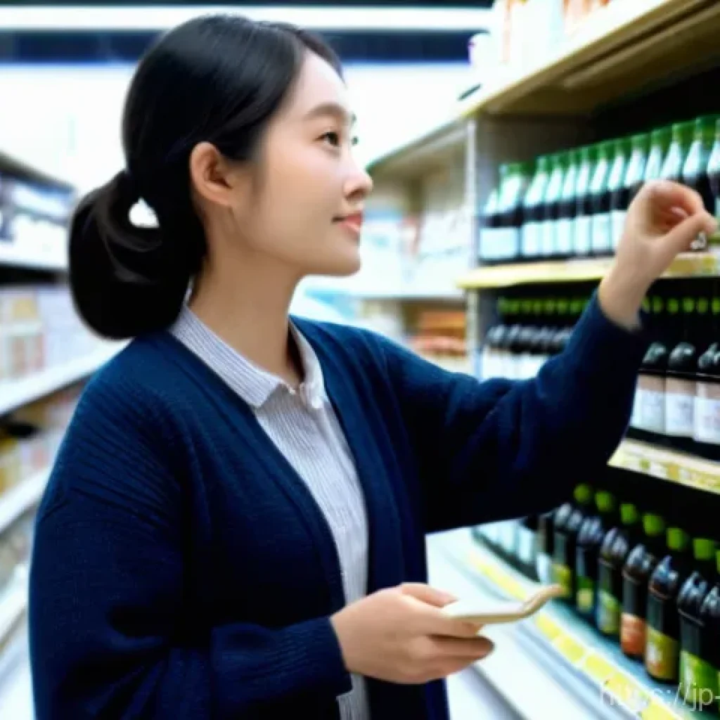 저염 간장 브랜드 비교 - **Prompt: The Conscientious Shopper's Choice**
A bright, clean grocery store aisle with a young ...