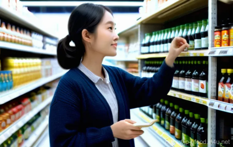 저염 간장 브랜드 비교 - **Prompt: The Conscientious Shopper's Choice**
    A bright, clean grocery store aisle with a young ...