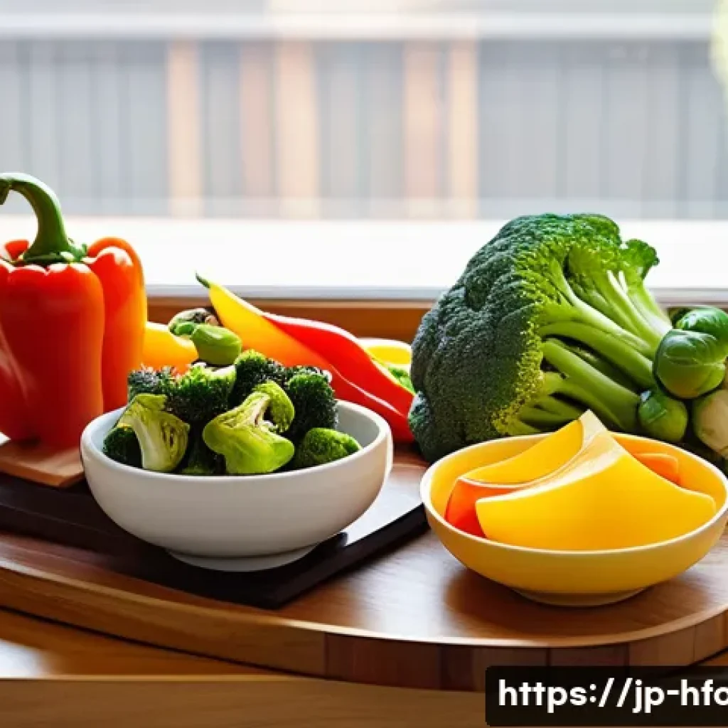 비타민C가 풍부한 음식 베스트 - A vibrant, modern Japanese kitchen scene featuring a colorful assortment of fresh vegetables rich in...