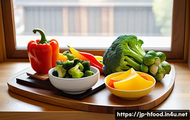 비타민C가 풍부한 음식 베스트 - A vibrant, modern Japanese kitchen scene featuring a colorful assortment of fresh vegetables rich in...