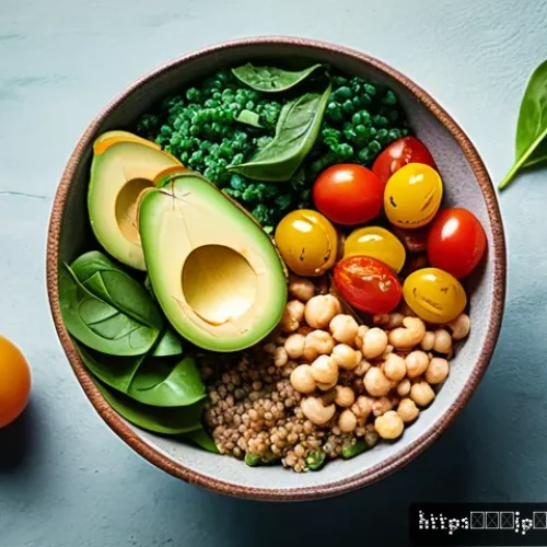 집에서 간편하게 만드는 비건 요리 - A vibrant vegan bowl featuring a colorful arrangement of fresh vegetables such as ripe avocado slice...