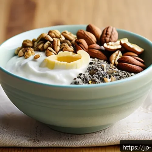 식물성 오메가3가 많은 음식 - A vibrant Japanese breakfast scene featuring a bowl of creamy yogurt topped generously with crunchy ...