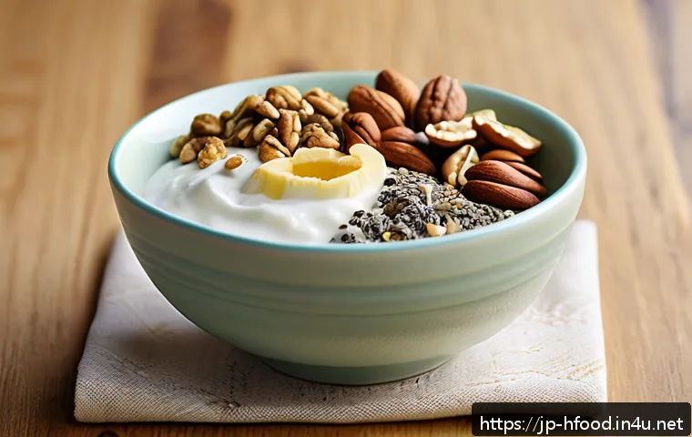 식물성 오메가3가 많은 음식 - A vibrant Japanese breakfast scene featuring a bowl of creamy yogurt topped generously with crunchy ...