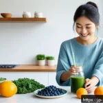 피부 트러블을 예방하는 음식 - A vibrant, modern Japanese kitchen scene featuring a young Japanese woman in casual stylish clothing...