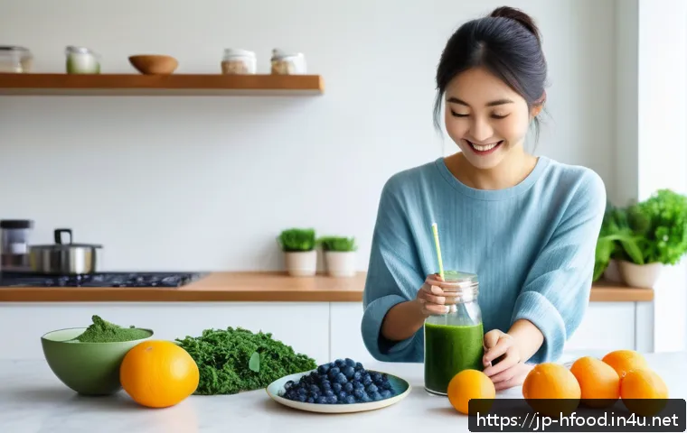 피부 트러블을 예방하는 음식 - A vibrant, modern Japanese kitchen scene featuring a young Japanese woman in casual stylish clothing...
