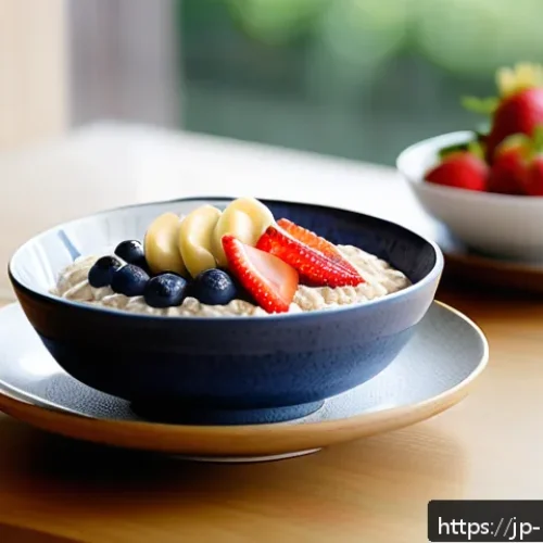 장 건강에 좋은 섬유질 많은 음식 - A bright and inviting Japanese breakfast table setting featuring a bowl of creamy oatmeal topped wit...