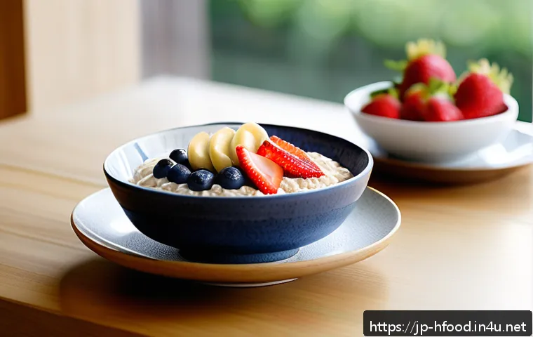 장 건강에 좋은 섬유질 많은 음식 - A bright and inviting Japanese breakfast table setting featuring a bowl of creamy oatmeal topped wit...