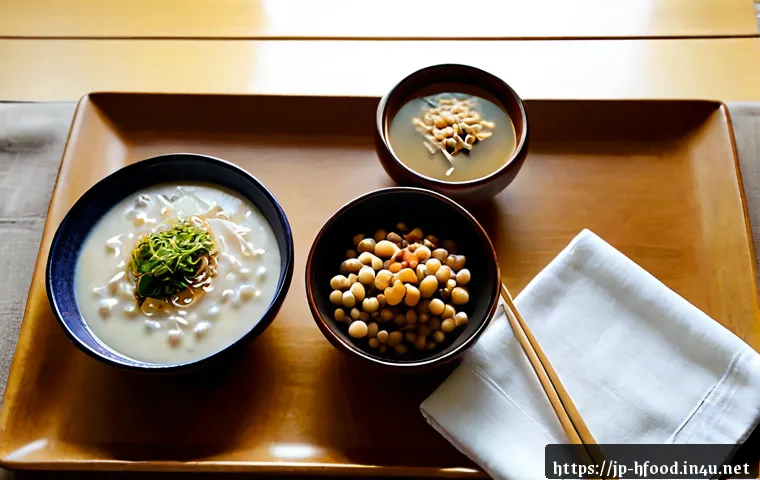 유산균이 풍부한 발효음식 추천 - Photorealistic overhead still life of probiotic-rich Japanese fermented foods on a light wooden dini...