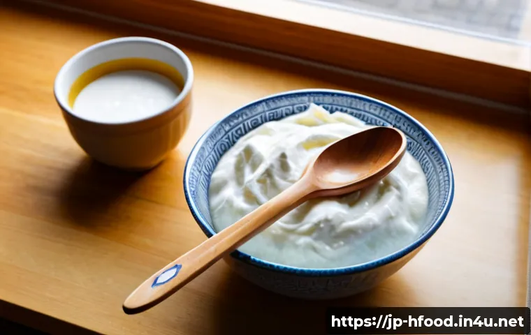 간편하게 만드는 그릭 요거트 레시피 - Photorealistic overhead kitchen scene of easy homemade Greek yogurt preparation, a clear glass bowl ...