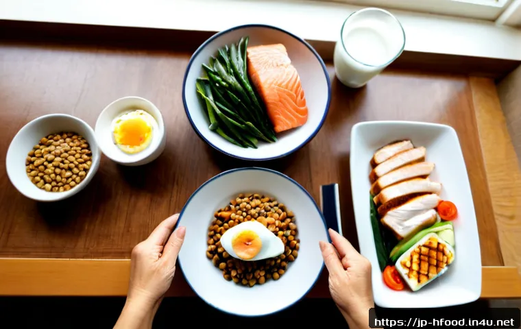 고단백 식단의 장점과 단점 - Photorealistic overhead kitchen table scene illustrating the benefits of a high-protein diet: neatly...